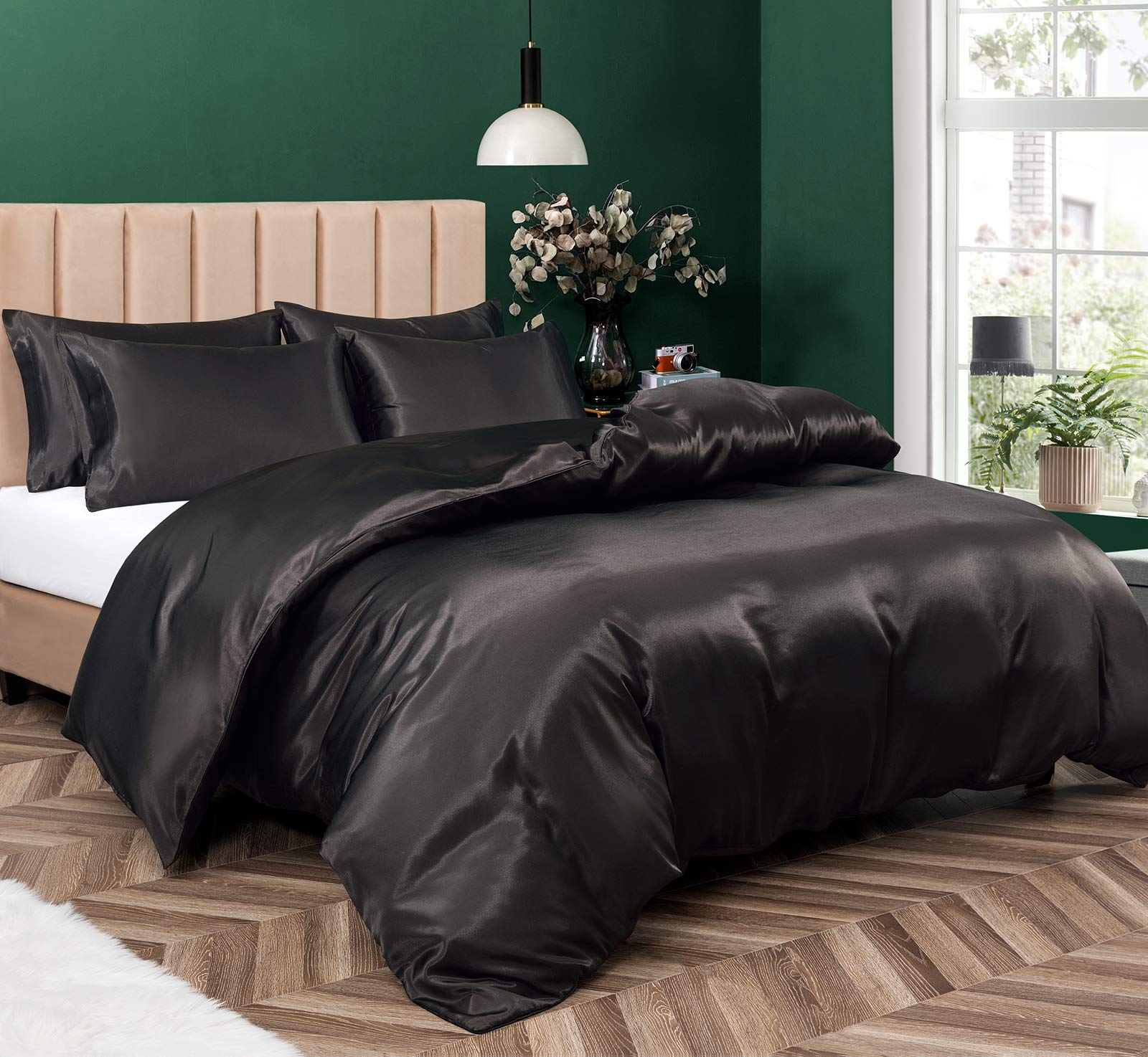P Pothuiny 5 Pieces Satin Duvet Cover California King Size, Luxury Silky Like Black Duvet Cover Bedding Set With Zipper Closure,